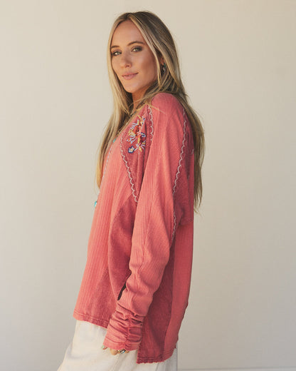 Rosebud Long Sleeve Embroidered Top - Rustic Red