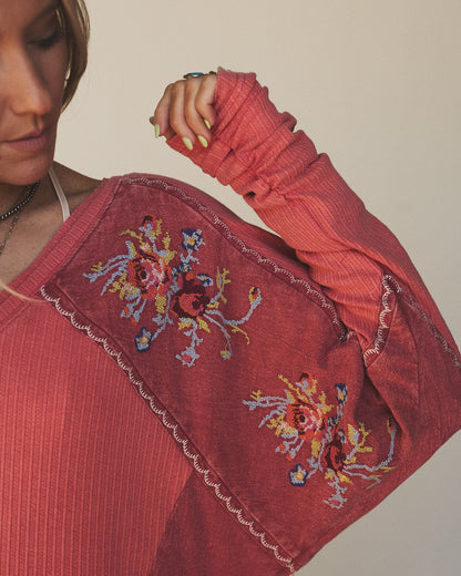 Rosebud Long Sleeve Embroidered Top - Rustic Red