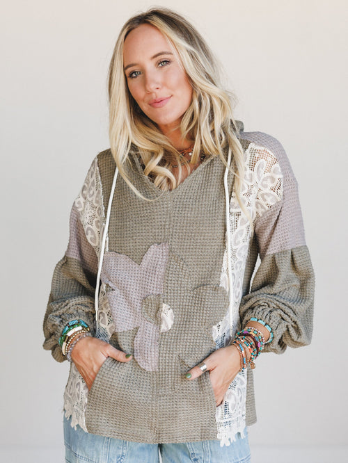 Lace Bliss Flower Patch Top - Olive