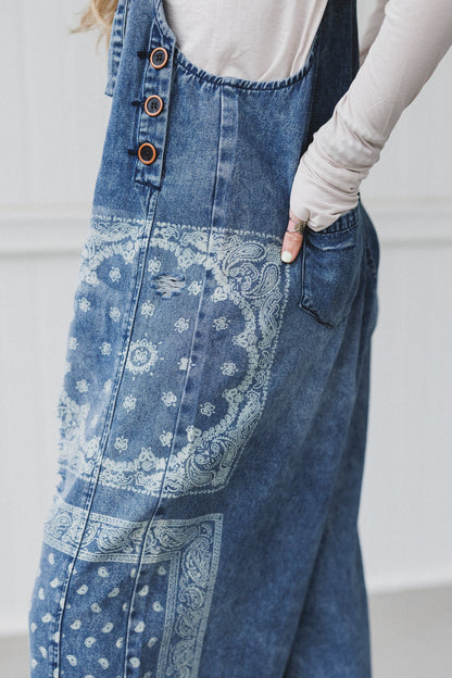 High Hopes Slouchy Denim Overalls - Denim Bandana