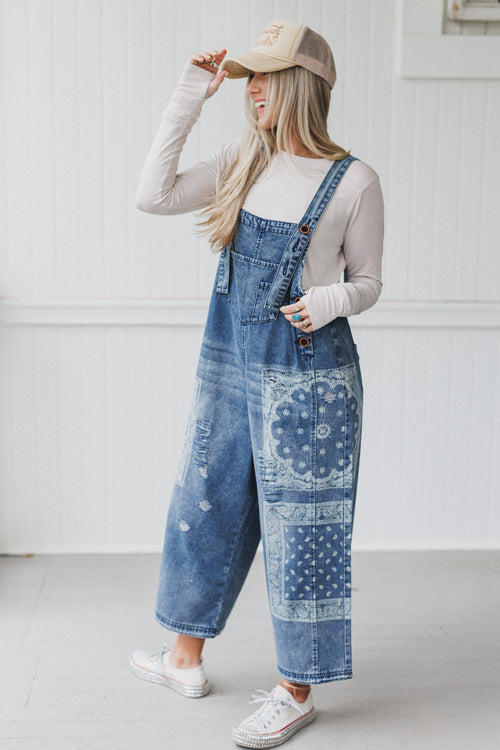 High Hopes Slouchy Denim Overalls - Denim Bandana