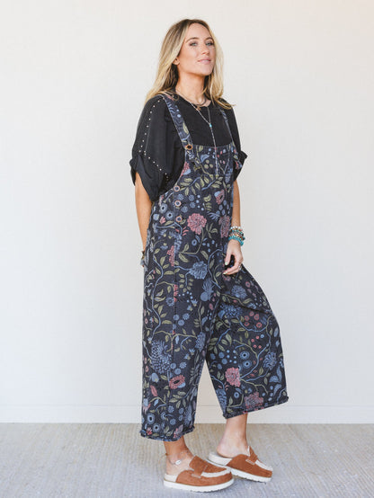 High Hopes Slouchy Denim Overalls - Floral Black Denim