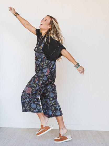 High Hopes Slouchy Denim Overalls - Floral Black Denim