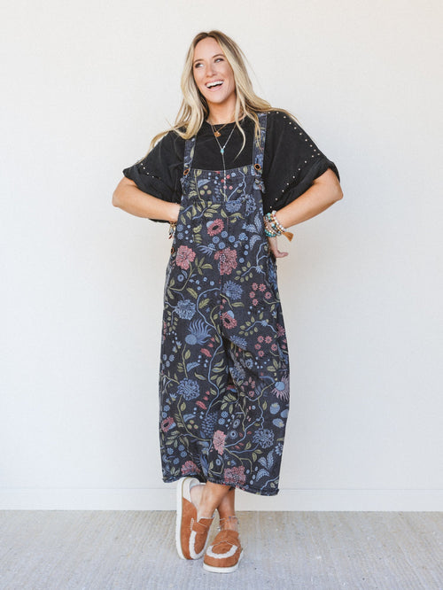 High Hopes Slouchy Denim Overalls - Floral Black Denim