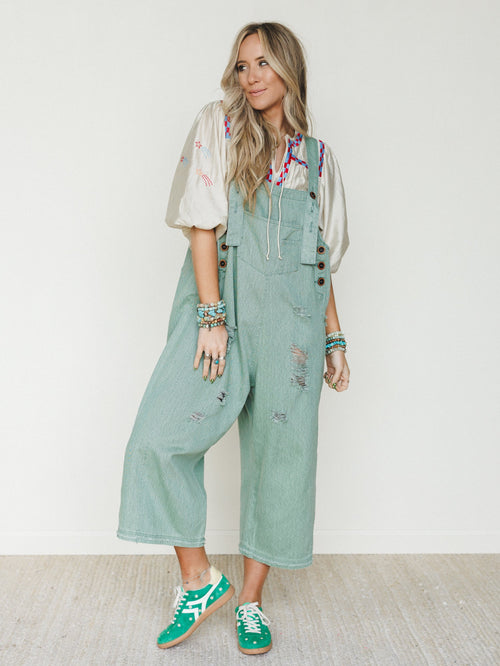 High Hopes Slouchy Denim Overalls - Sage