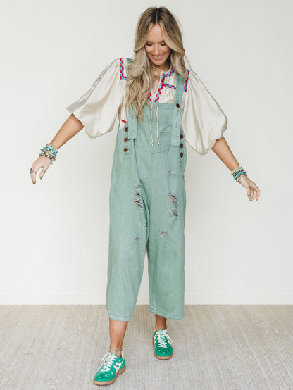 High Hopes Slouchy Denim Overalls - Sage