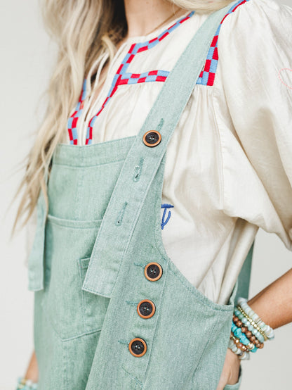 High Hopes Slouchy Denim Overalls - Sage