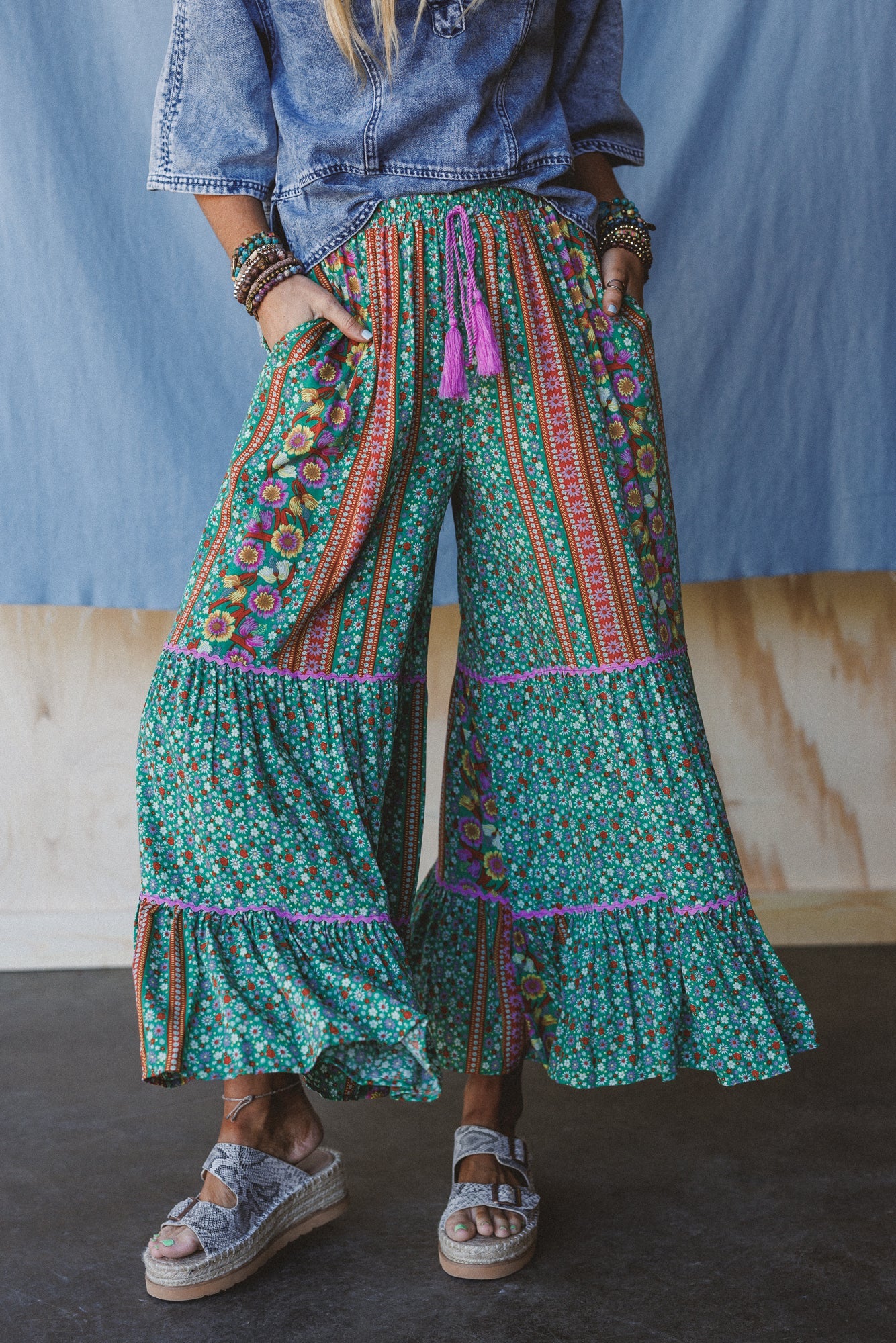 Kate Printed Wide Leg Pants - Sage