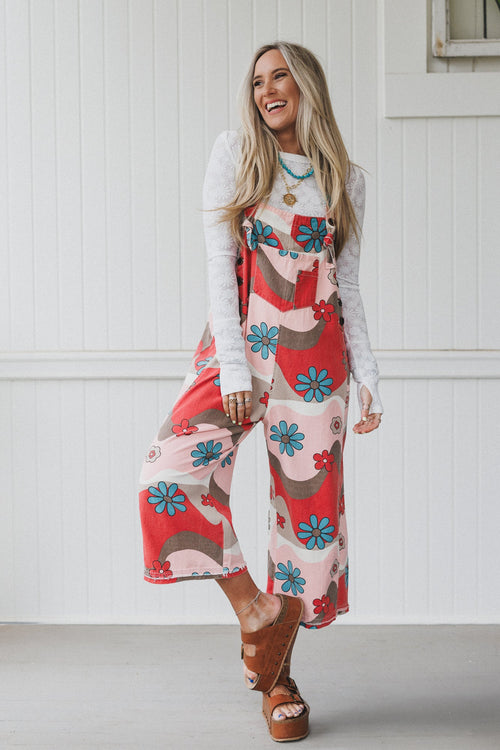 High Hopes Slouchy Denim Overalls - Mocha Flower