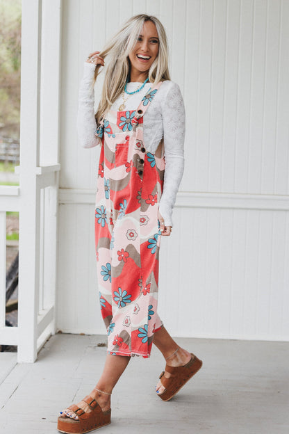 High Hopes Slouchy Denim Overalls - Mocha Flower