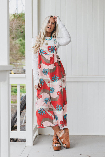 High Hopes Slouchy Denim Overalls - Mocha Flower