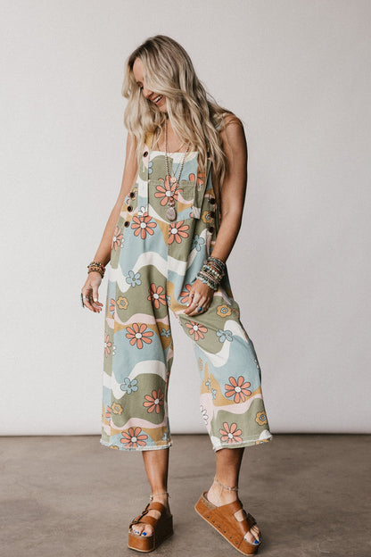 High Hopes Slouchy Denim Overalls - Olive Flower