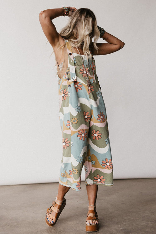 High Hopes Slouchy Denim Overalls - Olive Flower