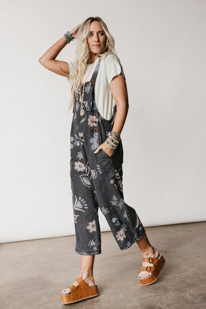 High Hopes Slouchy Pocket Denim Overalls - Black Artsy Floral