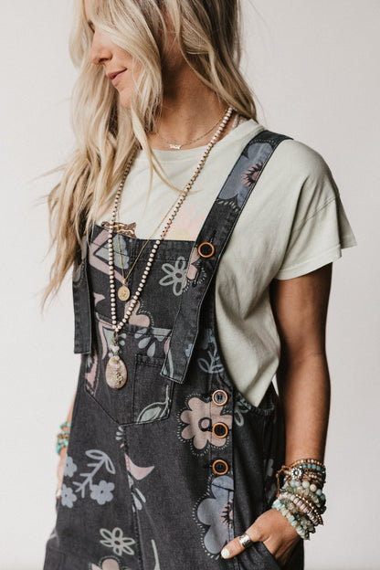 High Hopes Slouchy Pocket Denim Overalls - Black Artsy Floral