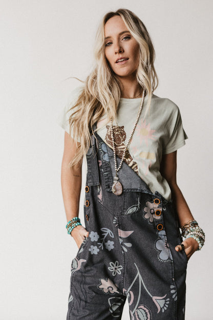 High Hopes Slouchy Pocket Denim Overalls - Black Artsy Floral