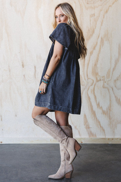 Getaway Pleated Denim Dress - Black