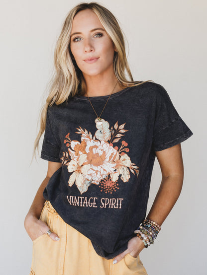Floral Vintage Spirit Graphic Tee - Charcoal