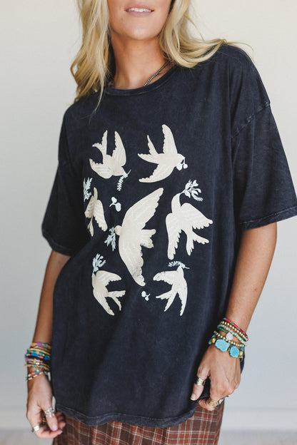 Doves Fly Graphic Tee - Charcoal