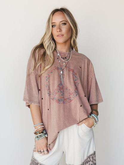 Jude Oversized Peace Sign Graphic Tee - Mauve