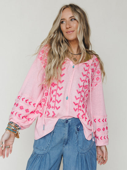Sunset Palms Embroidered Top - Bubble Gum