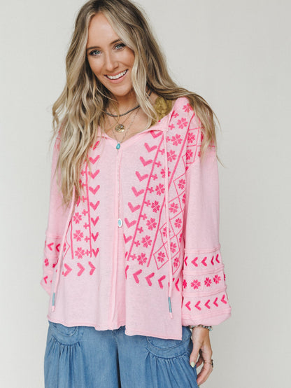 Sunset Palms Embroidered Top - Bubble Gum