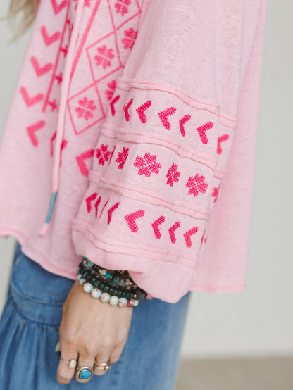Sunset Palms Embroidered Top - Bubble Gum