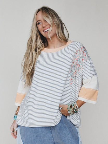 Britt Patchwork Top - Oat Blue