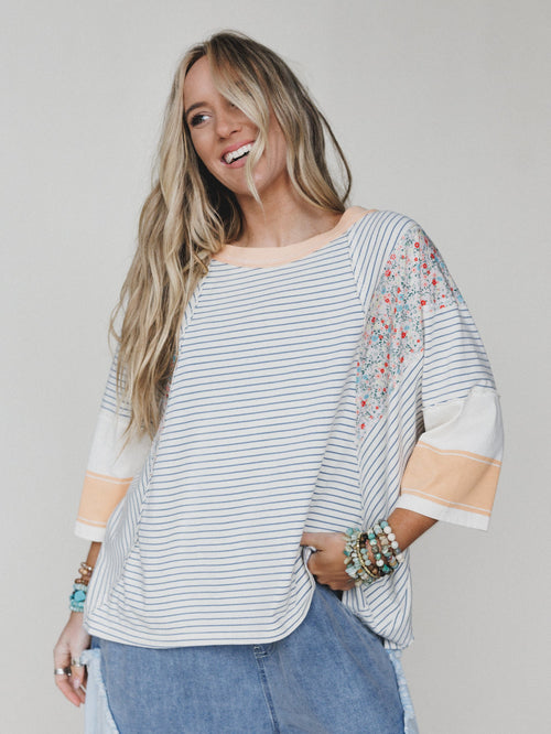 Britt Patchwork Top - Oat Blue