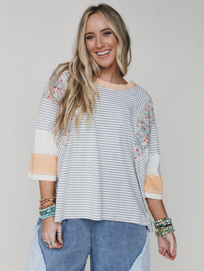 Britt Patchwork Top - Oat Blue