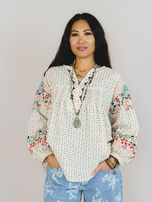 Frida Embroidered Dolman Sleeve Top - Oatmeal