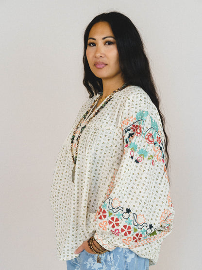 Frida Embroidered Dolman Sleeve Top - Oatmeal
