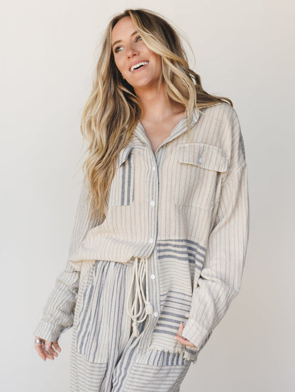 Solana Stripe Button Down Top - Faded Sage