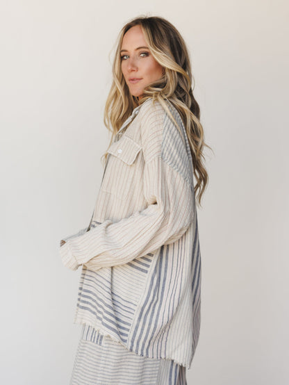 Solana Stripe Button Down Top - Faded Sage