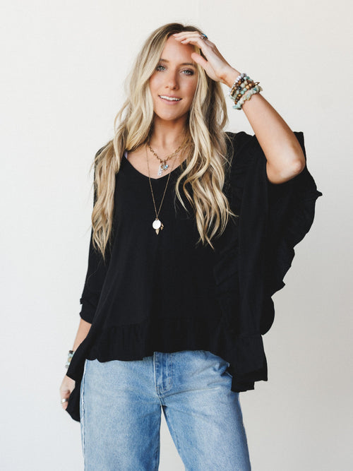 The Nest Let Me Ruffled Poncho Top - Black
