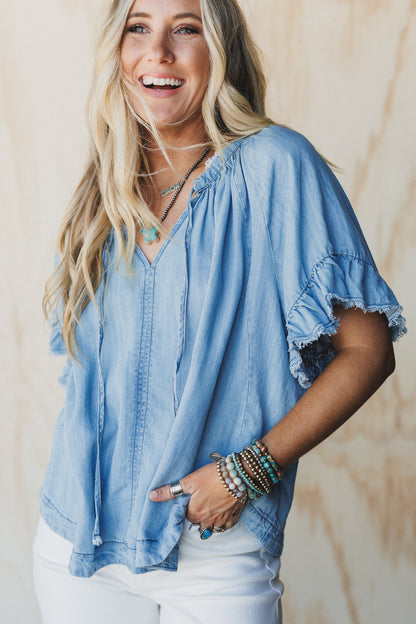 Hearts Aligned Ruffled Sleeve Top - Light Denim