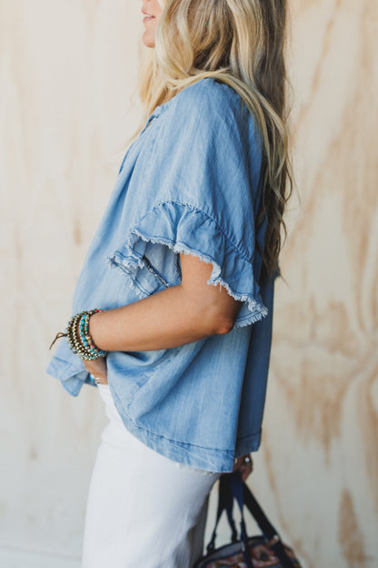 Hearts Aligned Ruffled Sleeve Top - Light Denim