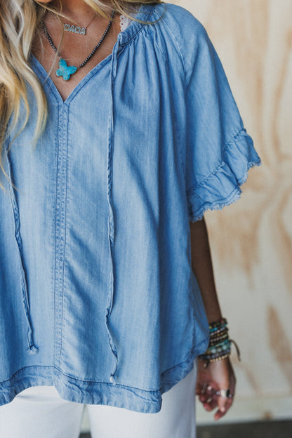 Hearts Aligned Ruffled Sleeve Top - Light Denim