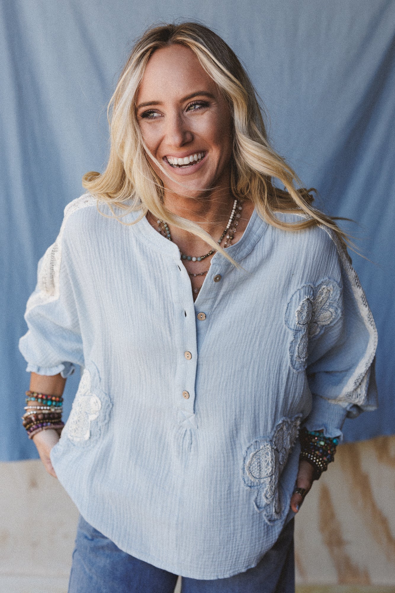 Soul Stir Crochet Trim Top - Blue