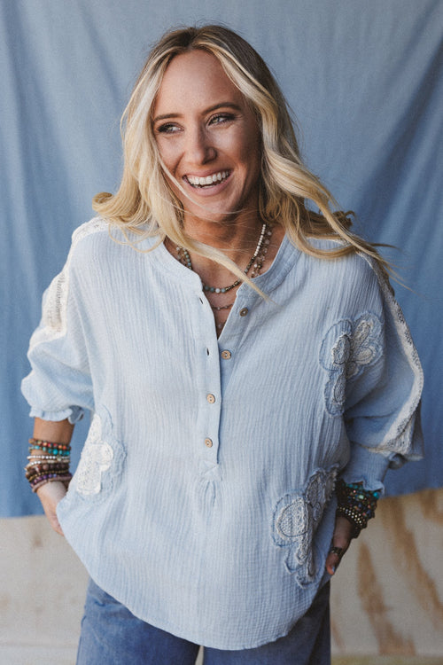 Soul Stir Crochet Trim Top - Blue