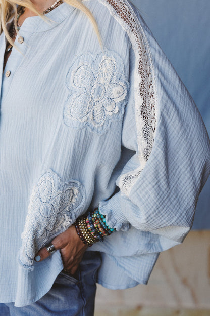Soul Stir Crochet Trim Top - Blue