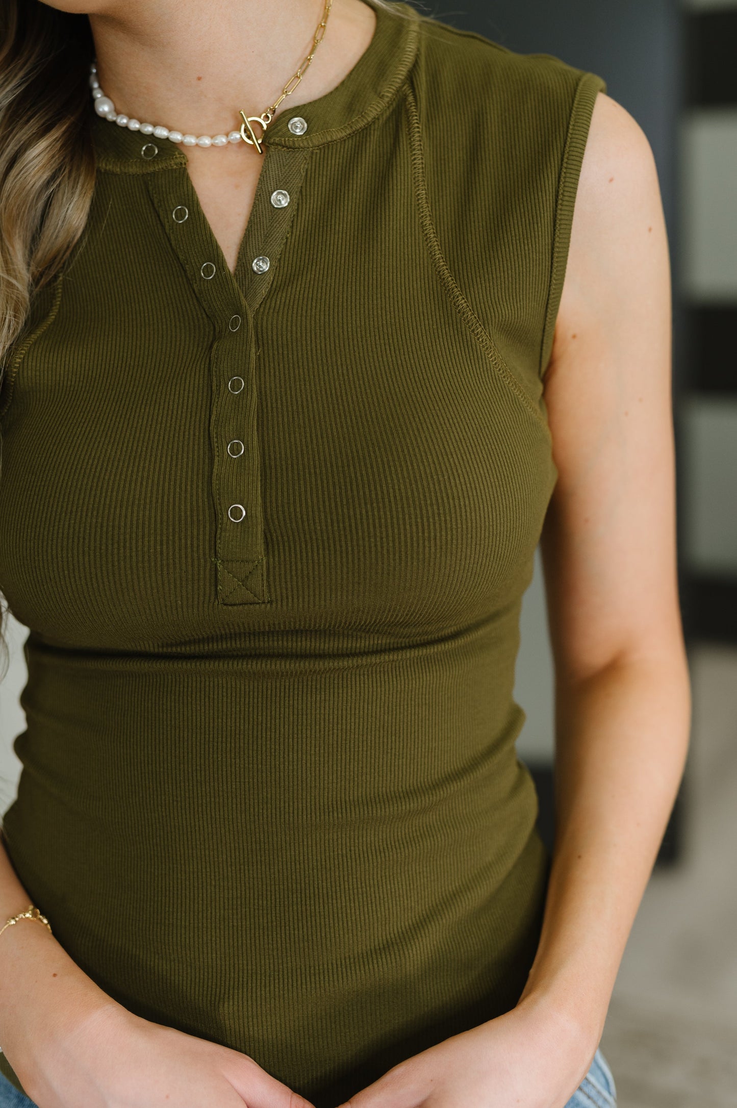 Hazel Blues® |  Everyday Edge Knit Henley Tank in Camo Green
