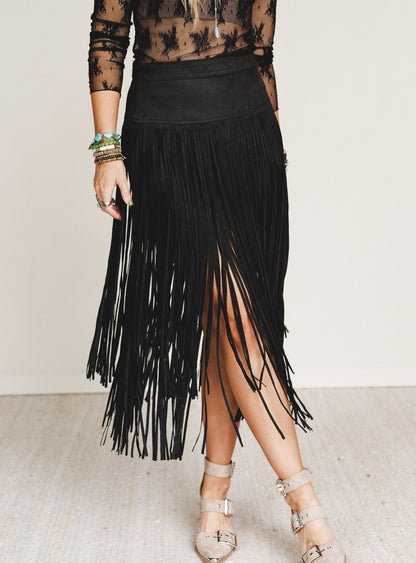 Swayed West Fringe Skirt - Black