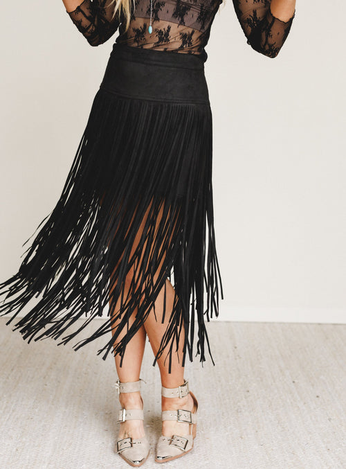 Swayed West Fringe Skirt - Black