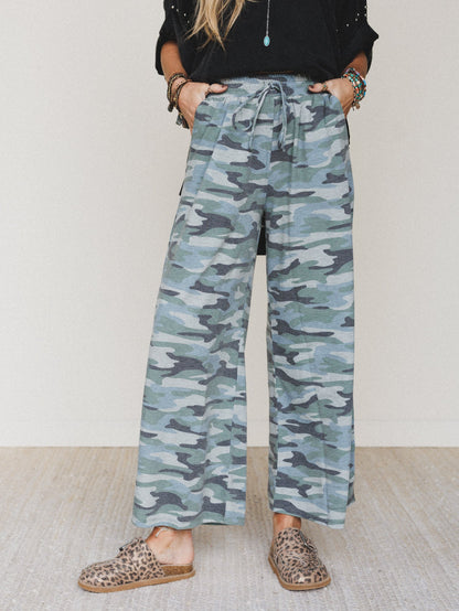The Nest Casual Wanderer Wide Leg Slit Pants - Army Green Charcoal Camo