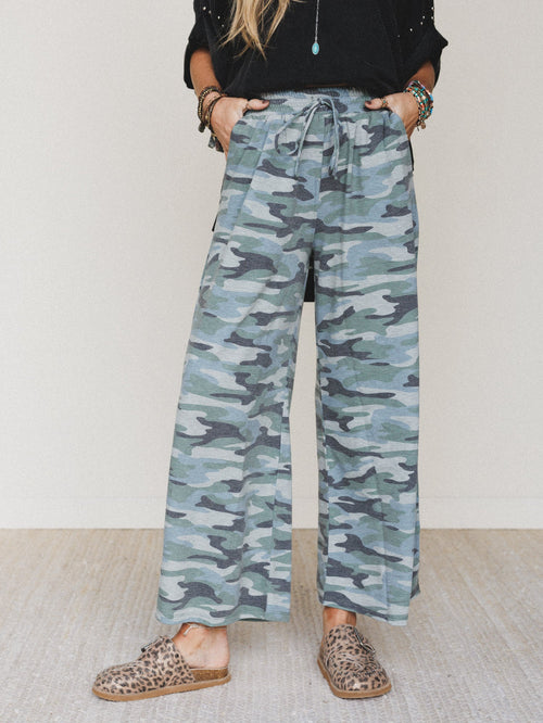 The Nest Casual Wanderer Wide Leg Slit Pants - Army Green Charcoal Camo