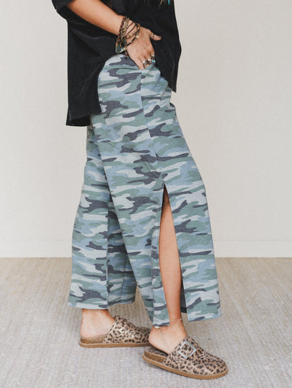 The Nest Casual Wanderer Wide Leg Slit Pants - Army Green Charcoal Camo