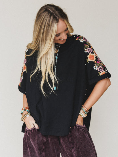 Tomcat Studded High Low Top - Black Floral Embroidery