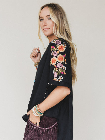 Tomcat Studded High Low Top - Black Floral Embroidery