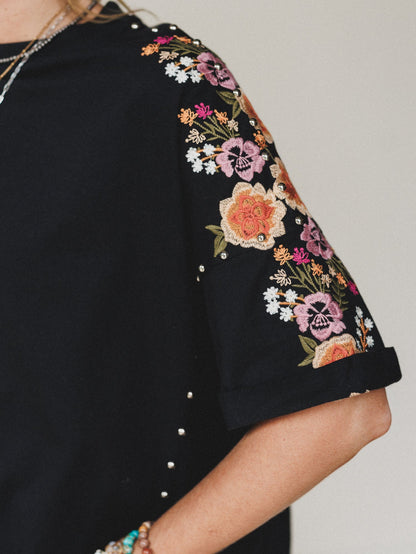 Tomcat Studded High Low Top - Black Floral Embroidery
